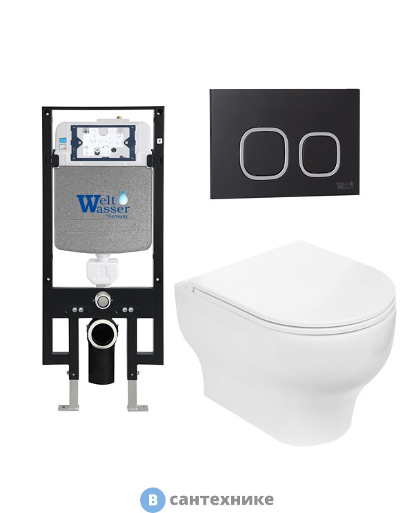 Унитаз с инсталляцией WELTWASSER и кнопкой смыва (AMBERG 497 + ERLENBACH 004 GL-WT + AMBERG RD-BL)
