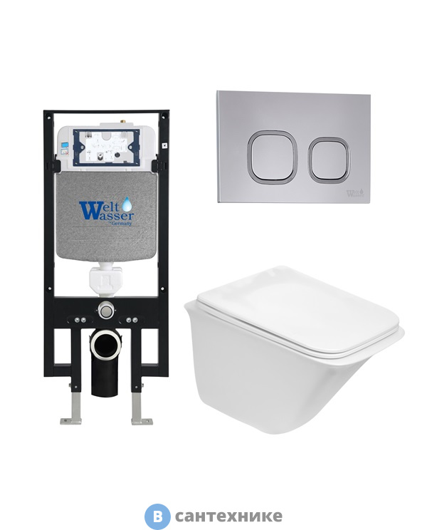 Унитаз с инсталляцией WELTWASSER и кнопкой смыва (AMBERG 497 + ROTBACH 004 GL-WT + AMBERG RD-CR)
