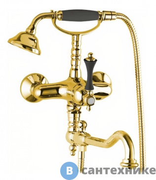 картинка Смеситель Cezares MARGOT-VDFM2-03/24-N для ванны с поворотным изливом и ручным душем, золото, ручка чёрная