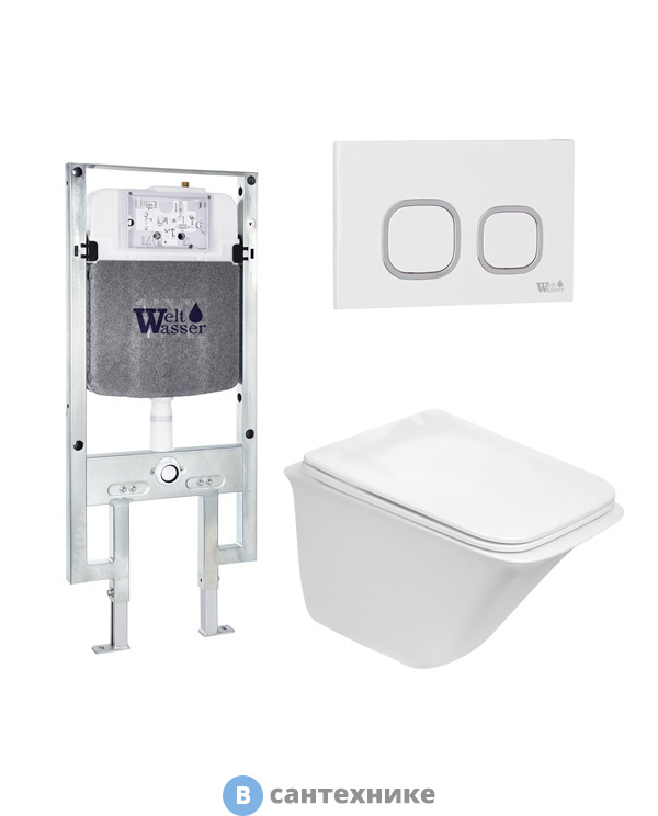 Унитаз с инсталляцией WELTWASSER и кнопкой смыва (AMBERG 497 ST + ROTBACH 004 GL-WT + AMBERG RD-WT)