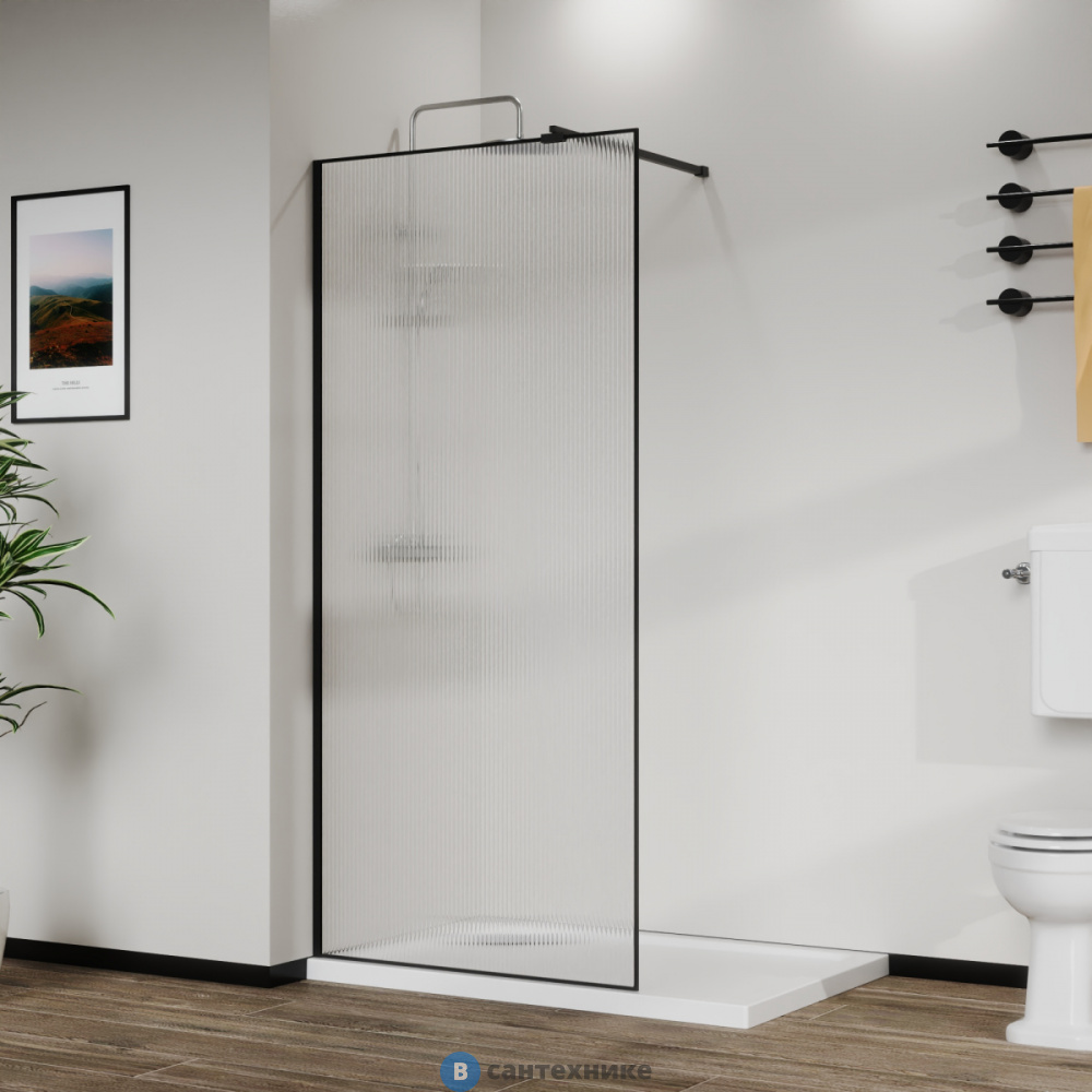 Душевая перегородка Azario 90x195-MB-CRF Walk-in, в рамке, рифленое стекло 8 мм, профиль матовый черный (AZ-271-90-MВ-CRF)