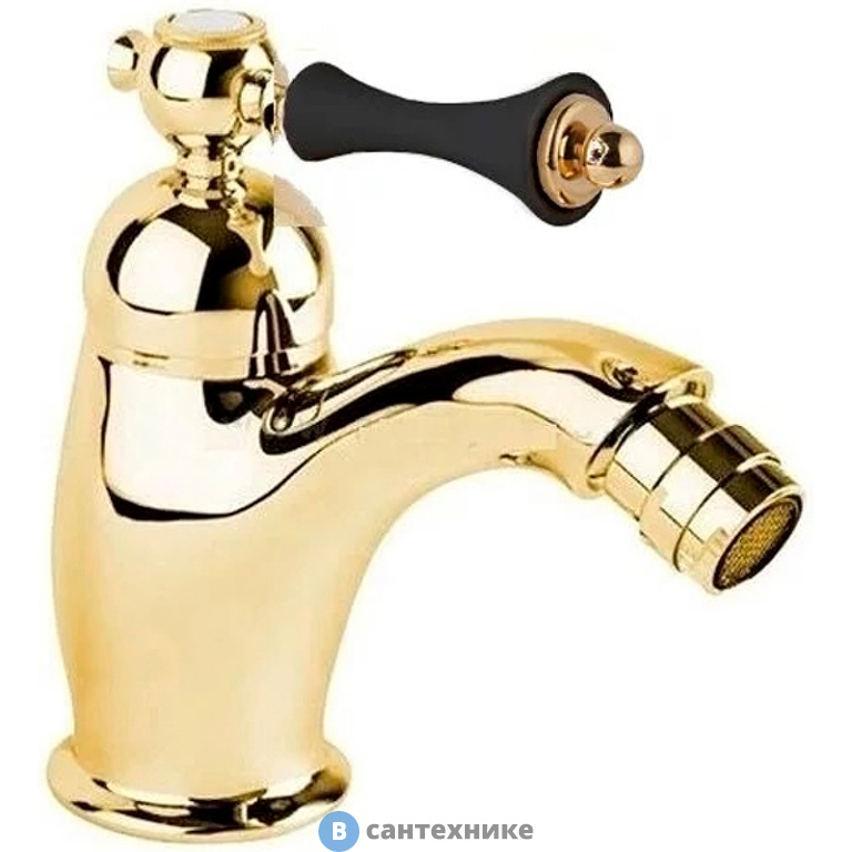 Смеситель Cezares MARGOT-BSM1-03/24-N на биде однорычажный c донным клапаном, золото, ручка чёрная