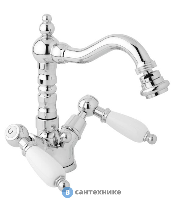 Смеситель Cezares FIRST-BS2-01-Bi на биде с донным клапаном, хром, ручки белые