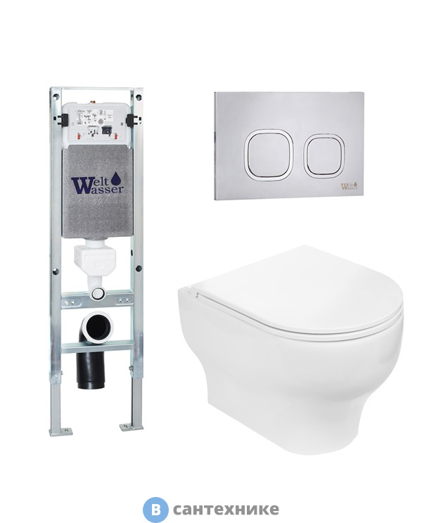 Унитаз с инсталляцией WELTWASSER и кнопкой смыва (AMBERG 350 ST + ERLENBACH 004 GL-WT + AMBERG RD-MT CR)