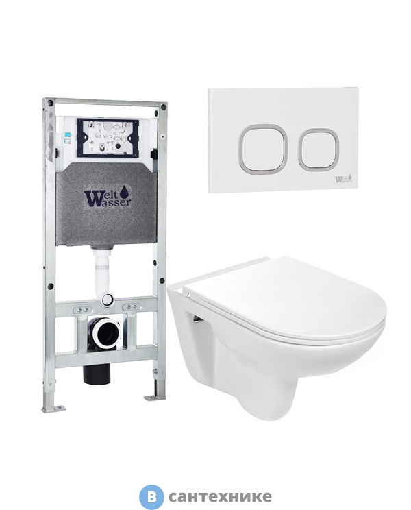 Унитаз с инсталляцией WELTWASSER и кнопкой смыва (AMBERG 506 ST + BAARBACH 004 GL-WT + AMBERG RD-WT)