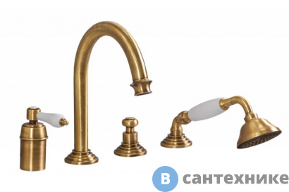 картинка Смеситель Cezares APHRODITE-BVDM-02-Bi на борт ванны с выдвижным душем и переключателем, бронза, ручки белые