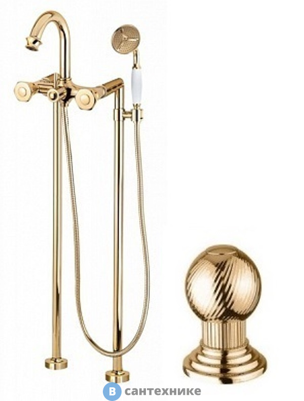 Смеситель Cezares APHRODITE-VDP-03/24-M напольный для ванны с ручным душем, золото, ручки Шар