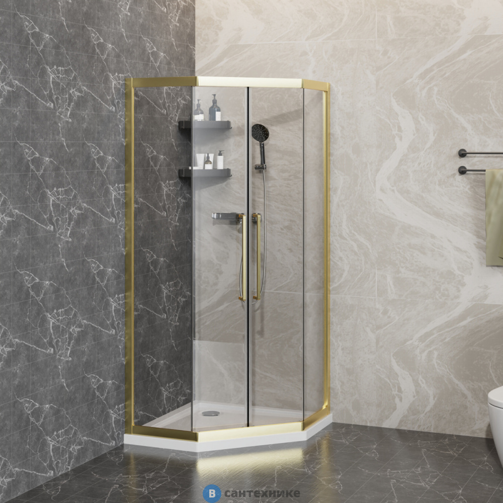 Душевое ограждение Azario OSAKA DIA-TD-90х90х195-BGL-CL, стекло 5 мм, профиль брашированное золото, две двери сдвижные (AZ-092K2-90-BGL-CL)
