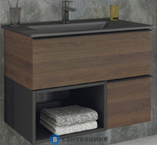 Тумба Comforty Франкфурт-90 дуб шоколадно-коричневый с раковиной COMFORTY 90E черная матовая