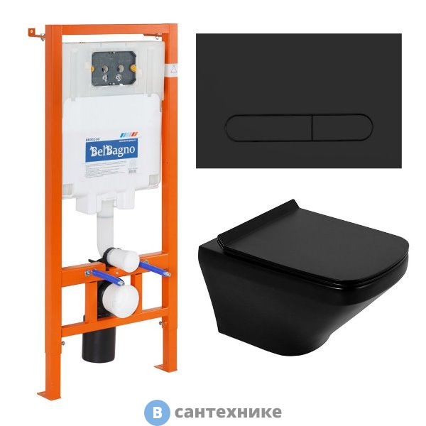 Комплект BelBagno 4 в 1 BB3201CHR-MB/BB3201SC-MB/BB002-80/BB007-PR-NERO.M (унитаз подвесной BelBagno SELA BB3201CHR-MB с сиденьем BB3201SC-MB + система инсталляции для унитазов BelBagno BB002-80 с кнопкой смыва)