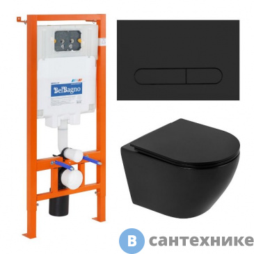 картинка Комплект BelBagno 4 в 1 BB062CHR-MB/BB062SC-MB/BB002-80/BB007-PR-NERO.M (унитаз подвесной BelBagno COLORATO BB062CHR-MB с сиденьем BB062SC-MB + система инсталляции для унитазов BelBagno BB002-80 с кнопкой смыва)
