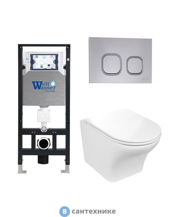 Унитаз с инсталляцией WELTWASSER и кнопкой смыва (AMBERG 506 + ODENBACH 004 GL-WT + AMBERG RD-CR)