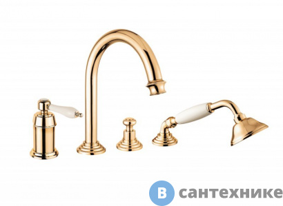 картинка Смеситель Cezares APHRODITE-BVDM-03/24-Bi на борт ванны однорычажный с выдвижным душем и переключателем, золото 24 карат, ручки белые