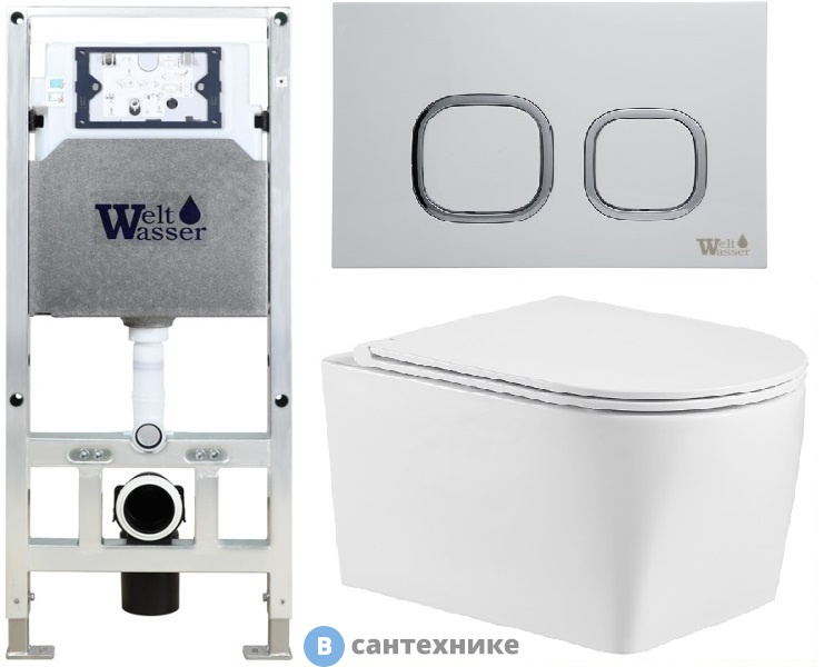 Унитаз с инсталляцией WELTWASSER и кнопкой смыва (AMBERG 506 ST + NESENBACH 004 GL-WT + AMBERG RD-WT)