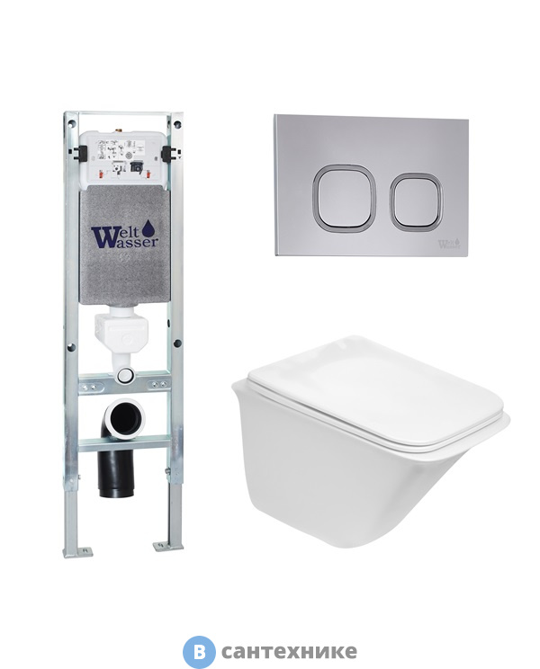 Унитаз с инсталляцией WELTWASSER и кнопкой смыва (AMBERG 350 ST + ROTBACH 004 GL-WT + AMBERG RD-CR)