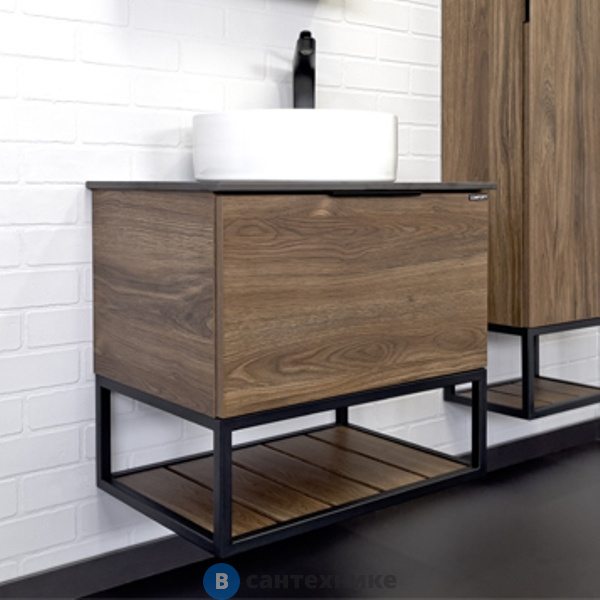 Тумба Comforty Порто-60 дуб тёмно-коричневый с черной столешницей с отверстием под смеситель №12 c раковиной COMFORTY 9111