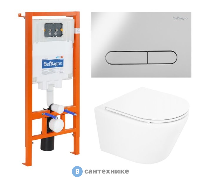 Комплект BelBagno 3 в 1 BB8001CHR/SC/BB002-80/BB005-PR-CHROME (унитаз подвесной с сиденьем BelBagno TRE BB8001CHR/SC + система инсталляции для унитазов BelBagno BB002-80 с кнопкой смыва BB005-PR-CH)