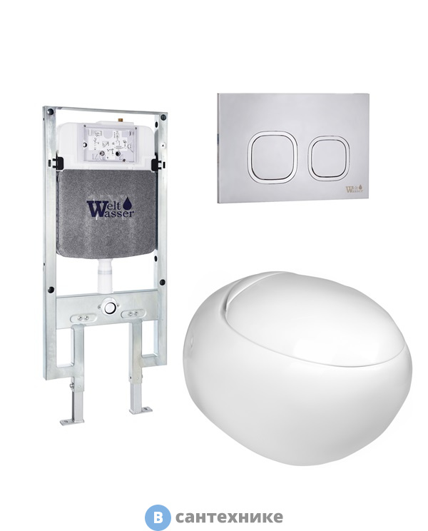 Унитаз с инсталляцией WELTWASSER и кнопкой смыва (AMBERG 497 ST + JECKENBACH 004 GL-WT + AMBERG RD-MT CR)