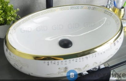 картинка Раковина накладная GID-ceramic Nc472 белый / золото (600х410х150)