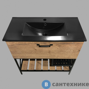 картинка Тумба Comforty Бредфорд-90 дуб темный с раковиной COMFORTY 90E черная матовая