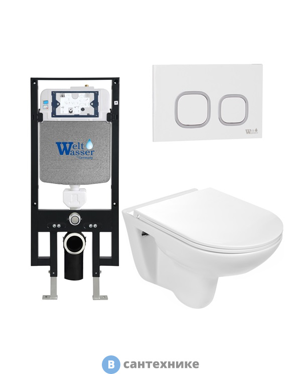 Унитаз с инсталляцией WELTWASSER и кнопкой смыва (AMBERG 497 + BAARBACH 004 GL-WT + AMBERG RD-WT)
