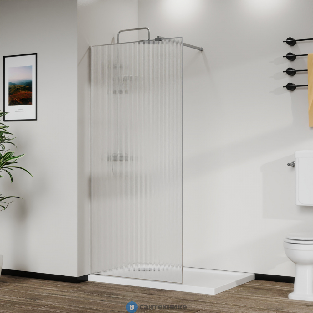 Душевая перегородка Azario 100x195-CH-CRF Walk-in, в рамке, рифленое стекло 8 мм, профиль хром (AZ-271-100-CH-CRF)