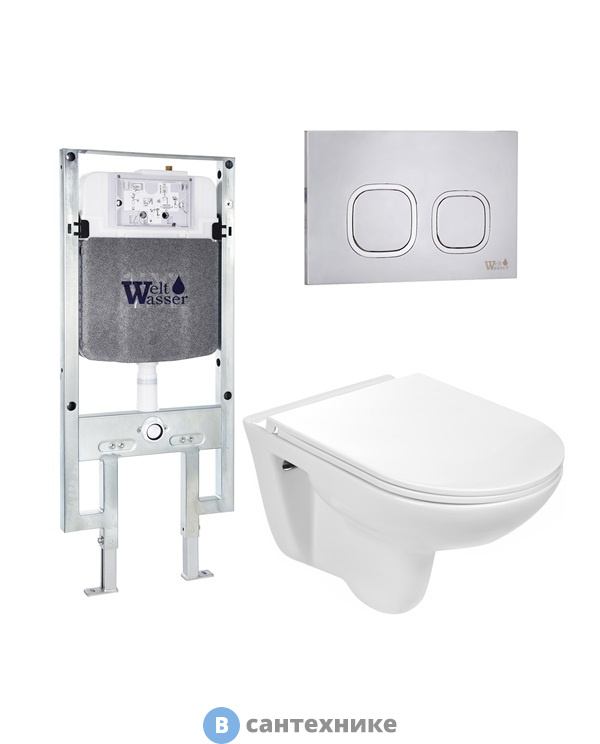 Унитаз с инсталляцией WELTWASSER и кнопкой смыва (AMBERG 497 ST + BAARBACH 004 GL-WT + AMBERG RD-MT CR)