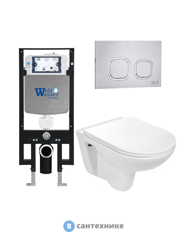 Унитаз с инсталляцией WELTWASSER и кнопкой смыва (AMBERG 497 + BAARBACH 004 GL-WT + AMBERG RD-MT CR)