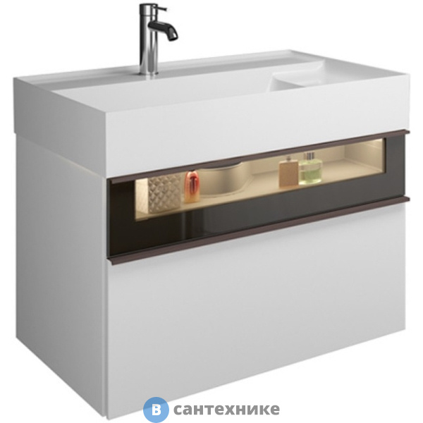 Тумба с раковиной Burgbad Yumo с 1 отв. 815х470х480 мм, 2 выдв ящика, аллюм рамка, вставка из дымч стекла, светодиодн. подсв. умыва-ка, F3193 белый глянц (SFMX082 F3193 C0001*1)