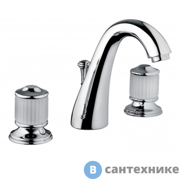 картинка Смеситель Bongio CRISTALLO для раковины на 3 отверстия, с донным клапаном, ручки стекло белое, хром (04501CR00)