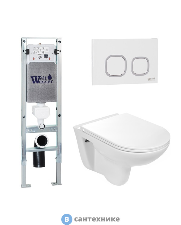 Унитаз с инсталляцией WELTWASSER и кнопкой смыва (AMBERG 350 ST + BAARBACH 004 GL-WT + AMBERG RD-WT)