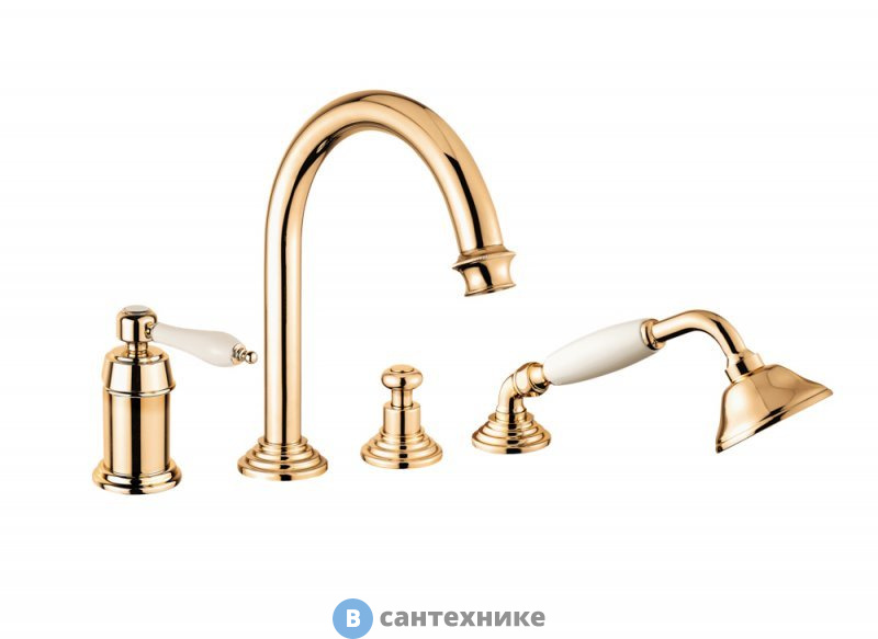 Смеситель Cezares APHRODITE-BVDM-03/24-Bi на борт ванны однорычажный с выдвижным душем и переключателем, золото 24 карат, ручки белые