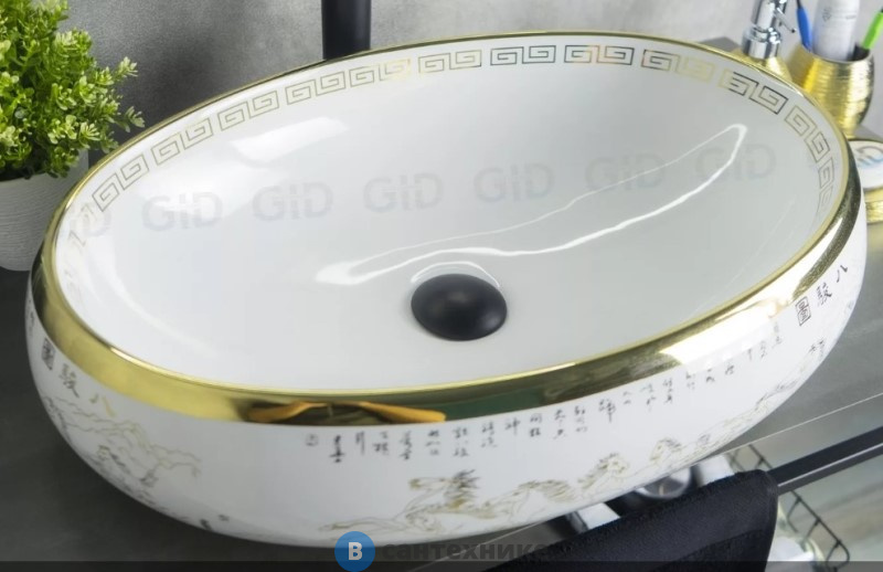 Раковина накладная GID-ceramic Nc472 белый / золото (600х410х150)