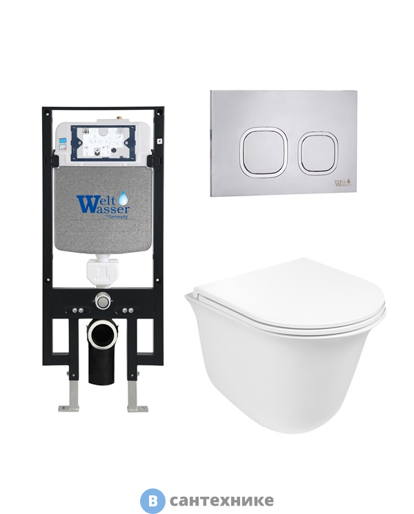Унитаз с инсталляцией WELTWASSER и кнопкой смыва (AMBERG 497 + TELBACH 004 GL-WT + AMBERG RD-MT CR)