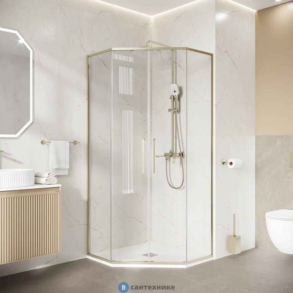Душевое ограждение Niagara Nova NG-6438-100SG (100х100х195) трапеция, золото сатин, двери раздвижные, стекло прозрачное