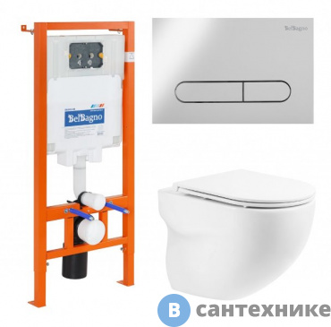 картинка Комплект BelBagno 4 в 1 BB066CHR/BB870SC/BB002-80/BB005-PR-CHROME (унитаз подвесной BelBagno ONDA BB066CHR с сиденьем BB870SC + система инсталляции для унитазов BelBagno BB002-80 с кнопкой смыва BB005-P)