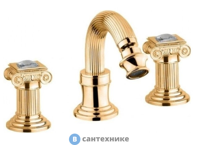 Смеситель Cezares OLIMP-BBS2-03/24-Sw для биде на три отверстия с донным клапаном, золото, ручки Swarovski