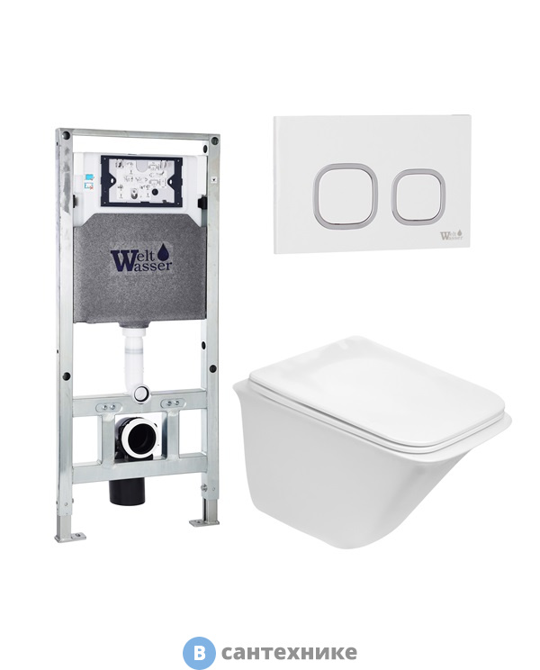Унитаз с инсталляцией WELTWASSER и кнопкой смыва (AMBERG 506 ST + ROTBACH 004 GL-WT + AMBERG RD-WT)