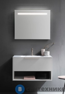 картинка Комплект Cerasa Assolo база подвесн с ящиком, белый + столешница из мин/мрам, бел. с 1 отв 85*51,5*н50см + зеркало 85*h70 со светильник LED (CPCPCMB1CH385 white)