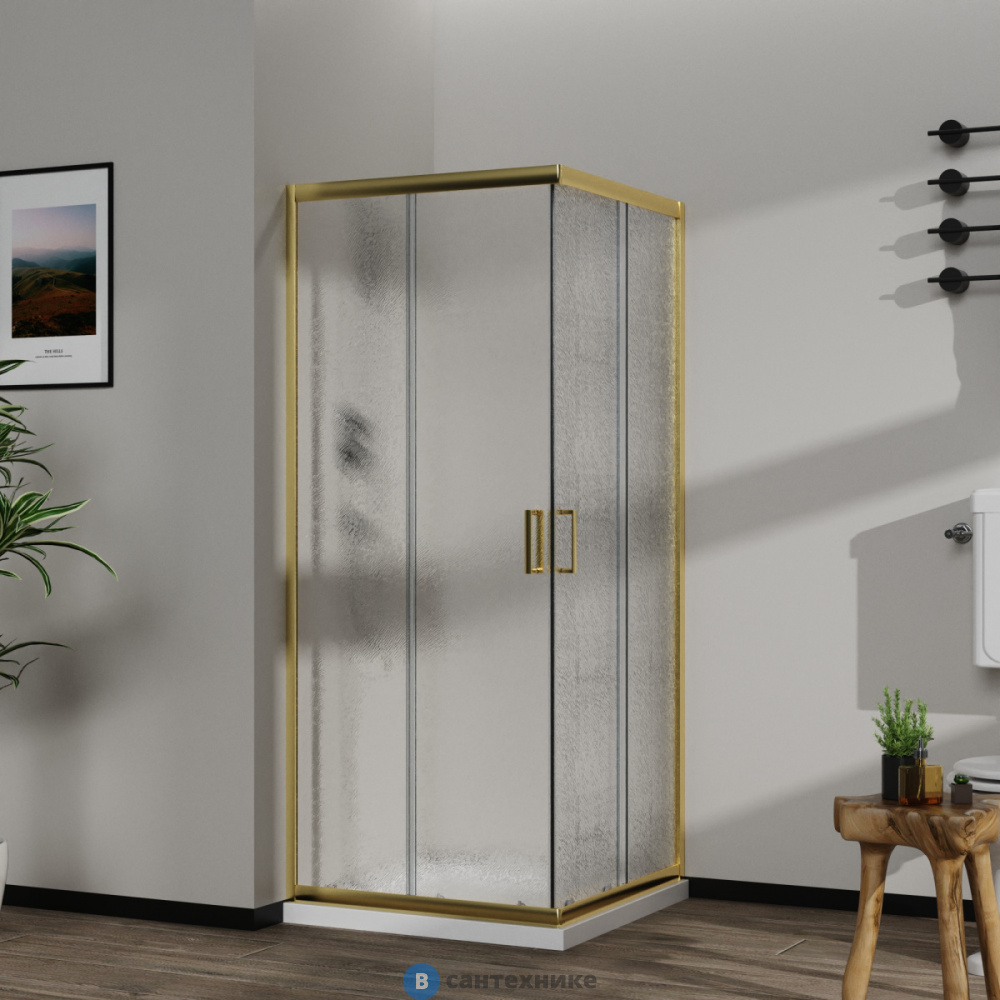 Душевое ограждение Azario PARIS SQP-100х100х195-BGL-CHC, стекло шиншила  5 мм, профиль брашированное золото (AZ-R06-100-BGL-CHC)