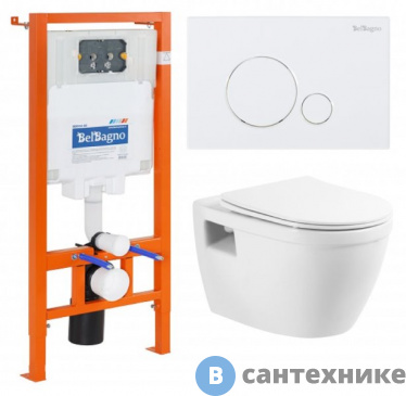 картинка Комплект BelBagno 3 в 1 BB070CHR/SC/BB002-80/BB014-SR-BIANCO (унитаз подвесной с сиденьем BelBagno LOTO BB070CHR/SC + система инсталляции для унитазов BelBagno BB002-80 с кнопкой смыва BB014-SR-BI)