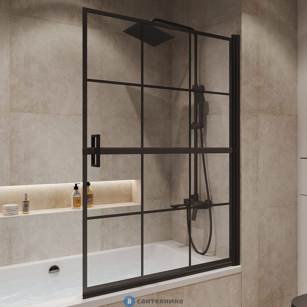 Шторка для ванны Niagara Nova NG-08-10 BLACK (100х140) черный матовый, стекло прозрачное с рисунком, распашная