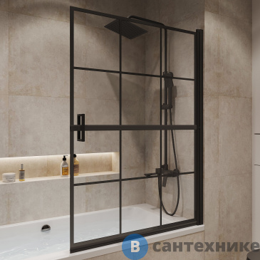 картинка Шторка для ванны Niagara Nova NG-08-10 BLACK (100х140) черный матовый, стекло прозрачное с рисунком, распашная
