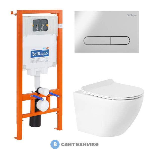 Комплект BelBagno 4 в 1 BB046CHR/BB2111SC/BB002-80/BB005-PR-CHROME (унитаз подвесной BelBagno SFERA-R BB046CHR с сиденьем BB2111SC + система инсталляции для унитазов BelBagno BB002-80 с кнопкой смыва BB0)