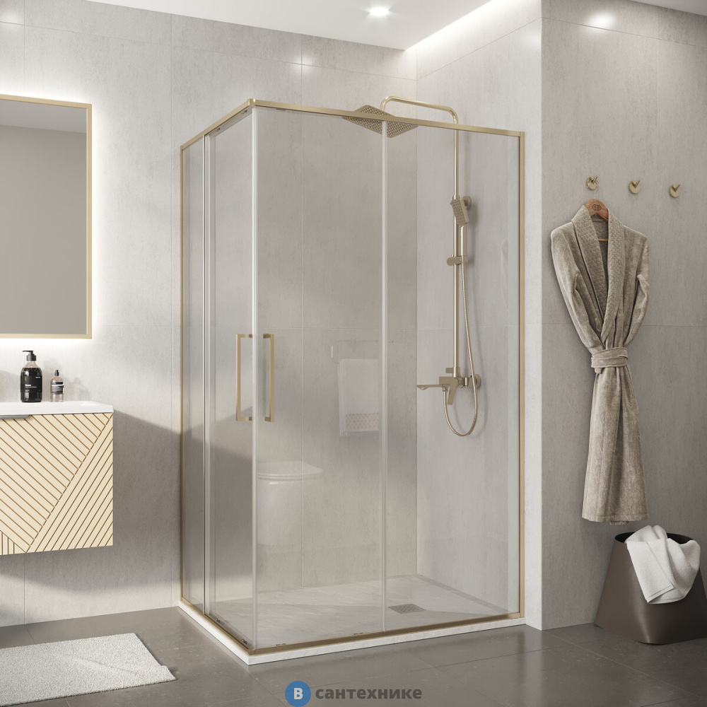 Душевое ограждение Niagara Nova NG-6436-1290SG (120х90х195) прямоугольник, золото сатин, двери раздвижные, стекло прозрачное