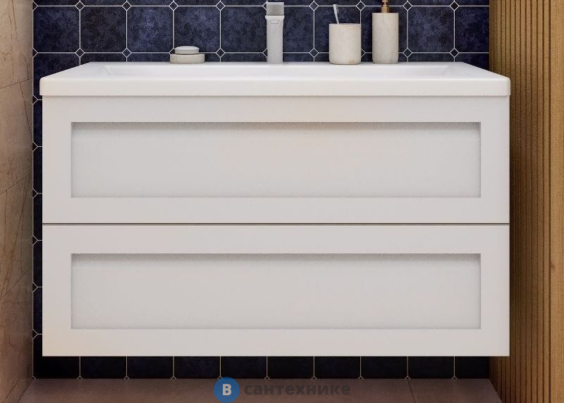 Тумба под раковину Art & MAX PLATINO AM-Platino-1000-2C-SO-BL-Cer подвесная с двумя выкатными ящиками, белый глянец