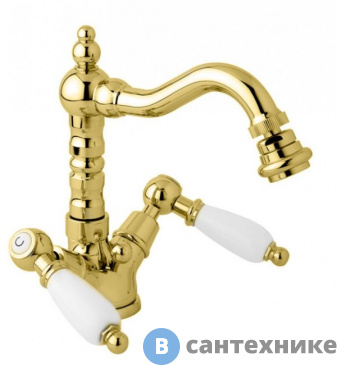 картинка Смеситель Cezares FIRST-BS2-03/24-Bi на биде с донным клапаном, золото, ручки белые