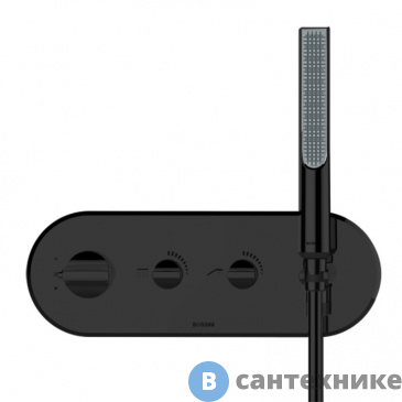 картинка Смеситель Bossini APICE термостатического смесителя из стены на 2 выхода, ручной душ, шланг Cromolux 150 см, чёрный матовый (Z00523.073), без внутренней части