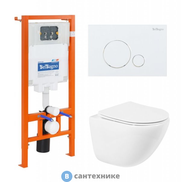 Комплект BelBagno 4 в 1 BB051CHR/BB051SC/BB002-80/BB014-SR-BIANCO (унитаз подвесной BelBagno AMANDA BB051CHR с сиденьем BB051SC + система инсталляции для унитазов BelBagno BB002-80 с кнопкой смыва BB014)