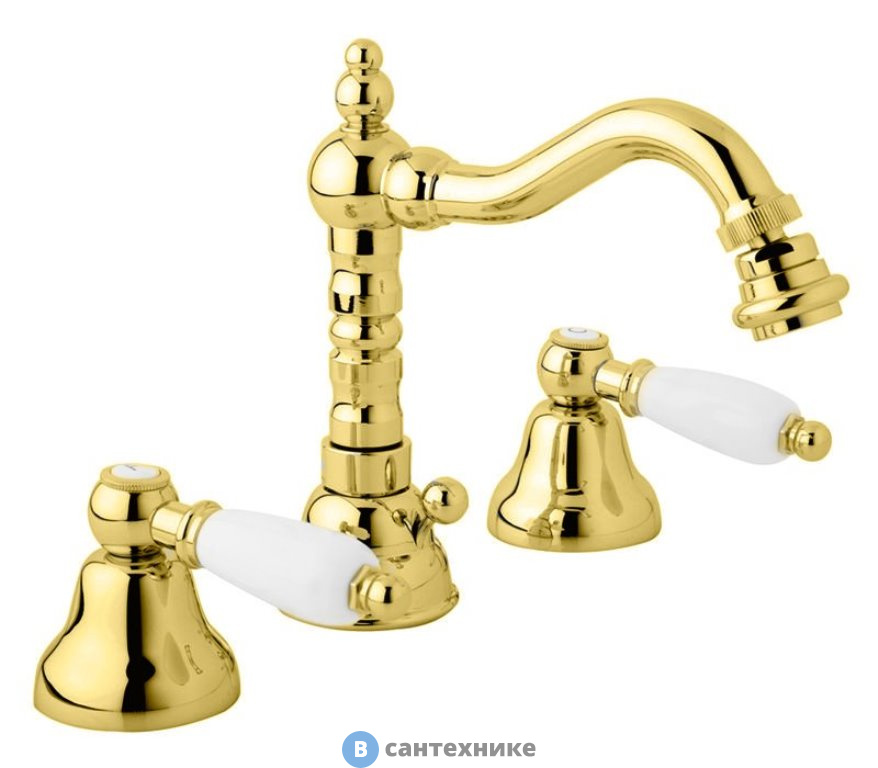 Смеситель Cezares FIRST-BBS2-03/24-Bi для биде на три отверстия с донным клапаном, золото, ручки белые